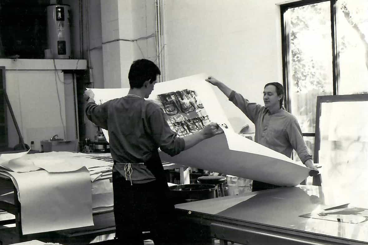 Bruce Wankel and Doug Volle working on Robert Rauschenberg’s “Intermission (Ground Rules),” 1996