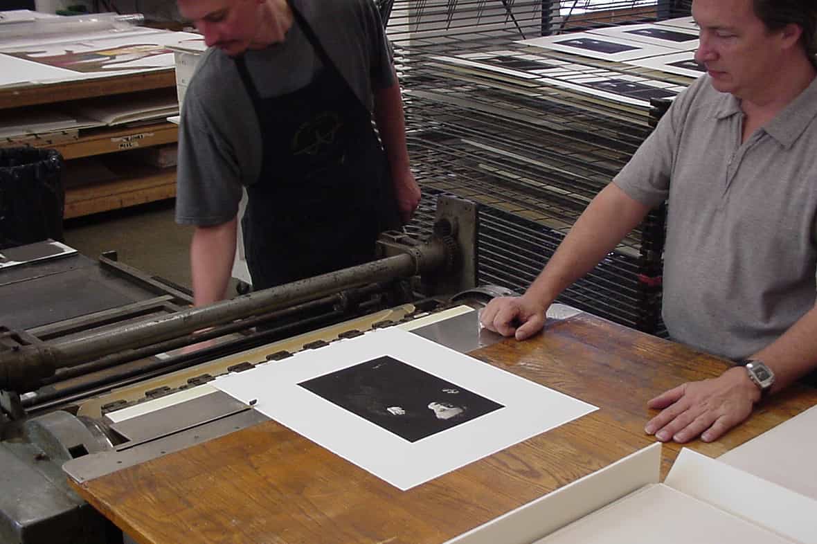 Bruce Wankel and Doug Volle working on Kiki Smith’s “Out of the Woods,” 2002