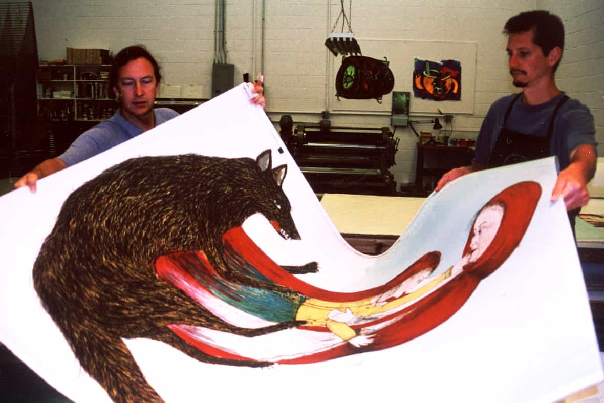 Bruce Wankel and Doug Volle working on Kiki Smith’s “Born,” 2002