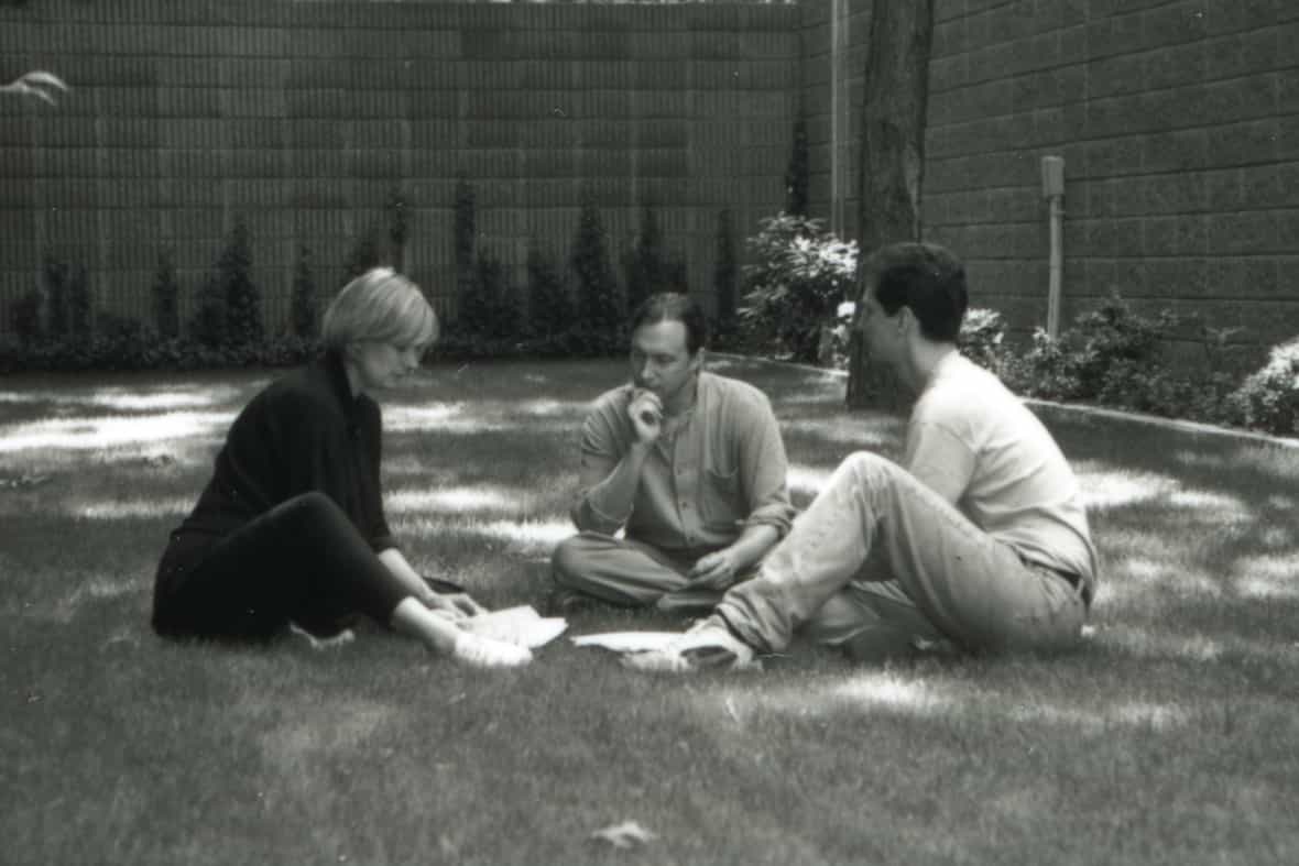 Bruce Wankel, Doug Volle, and a ULAE guest sitting outside of the studio in Bay Shore, NY.  Photograph by Jo Fielder.